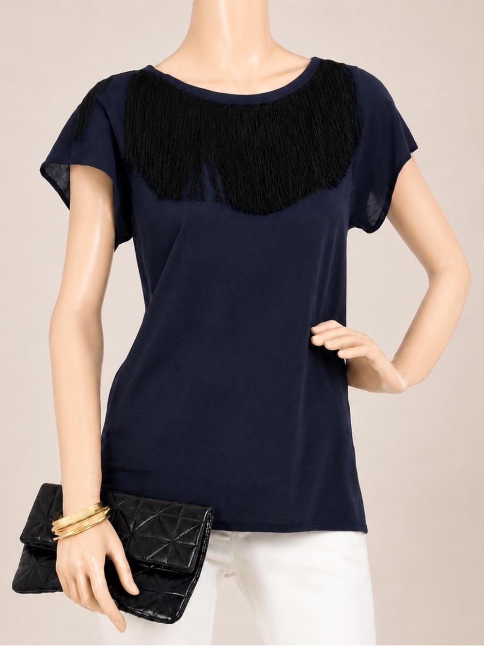 NWT 3.1 Philip Lim Navy 100% Cotton Backless Fringe Tee Shirt Top Dark Blue • S